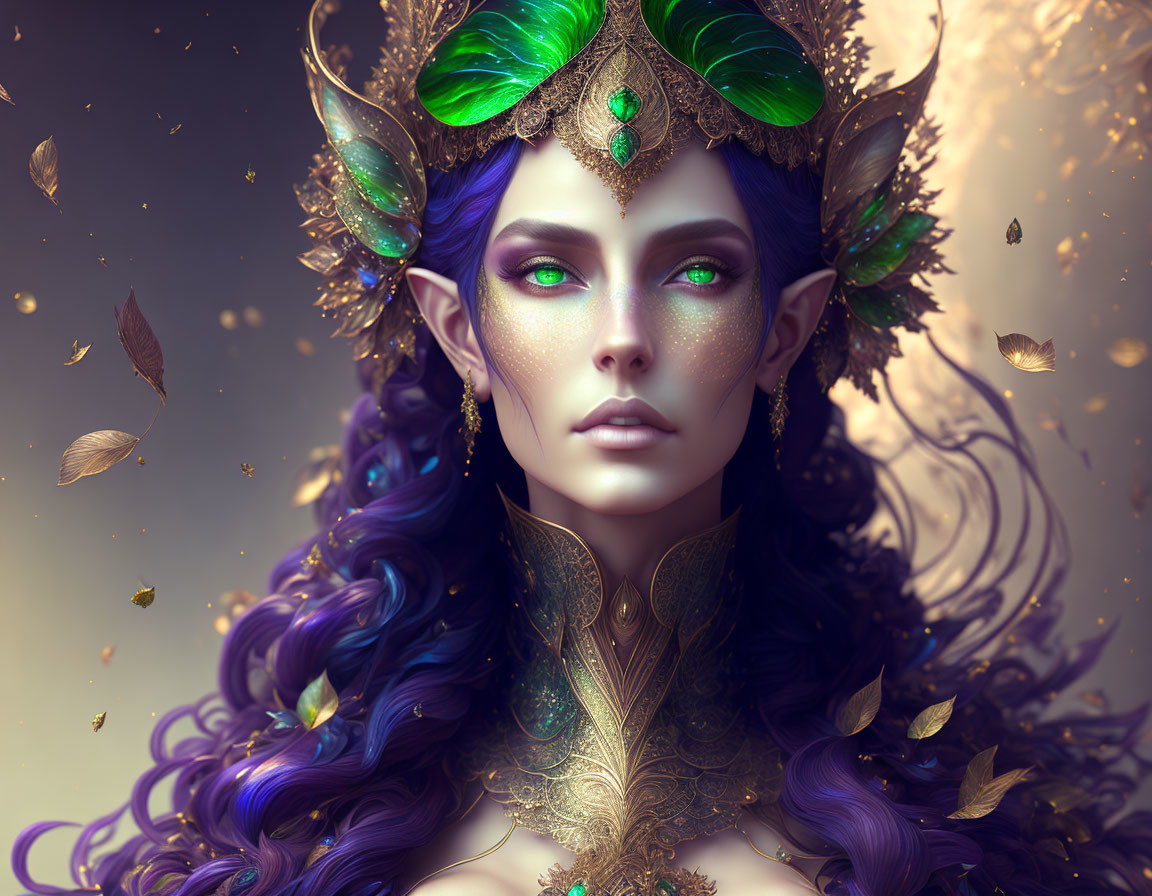 Fantasy portrait: Woman with purple skin, green eyes, adorned with crown and jewelry