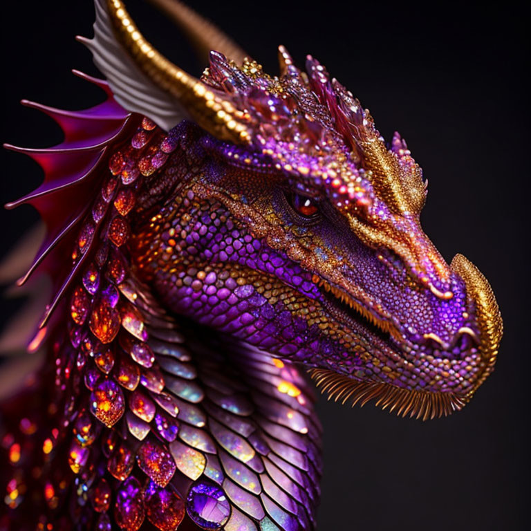 Vibrant dragon digital illustration with intricate scales in purple, red, and gold