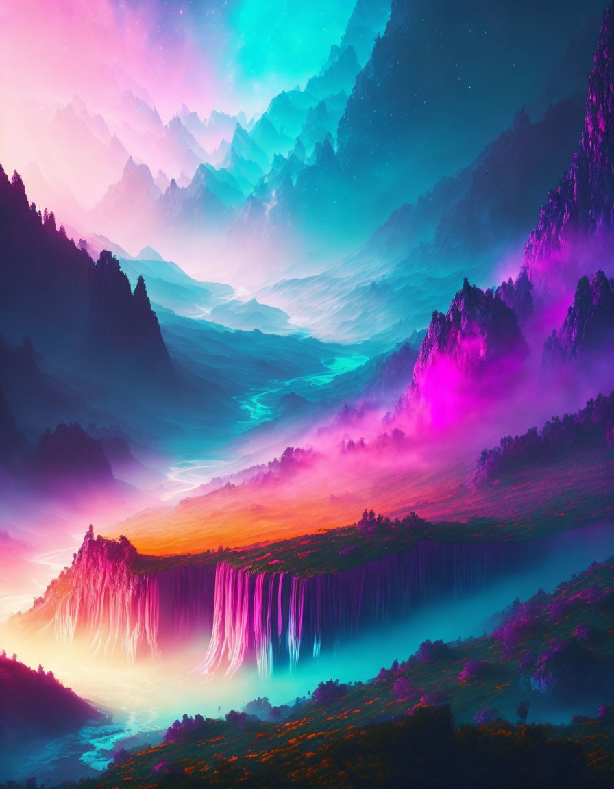 Vibrant neon fantasy landscape with waterfalls, hills, mountains