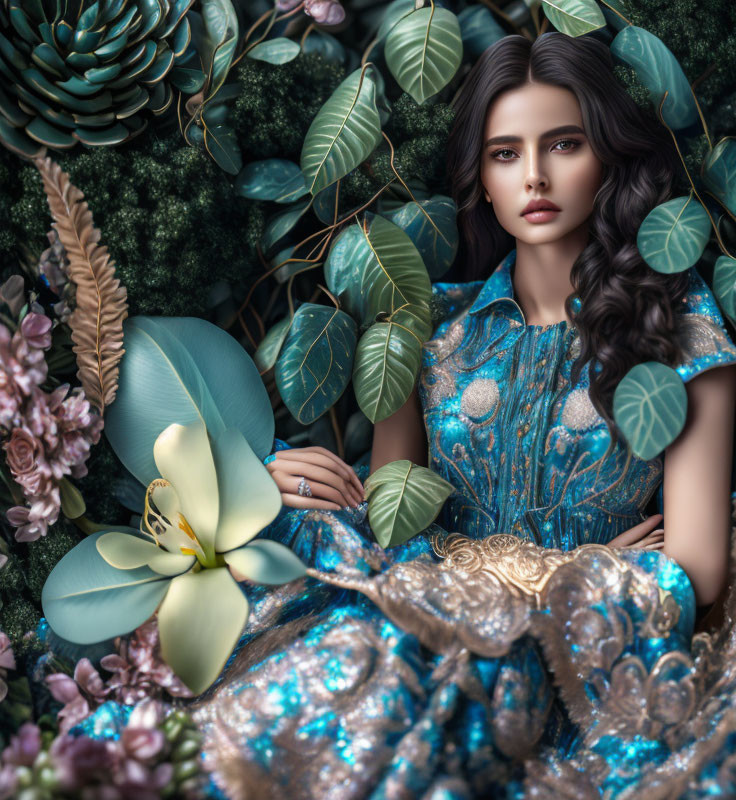 Woman in Sparkling Blue Gown Surrounded by Lush Greenery and Blue Flower