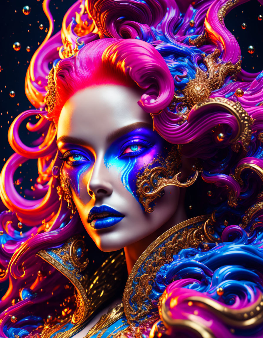 Colorful portrait of a woman with blue skin, magenta hair, and gold accents