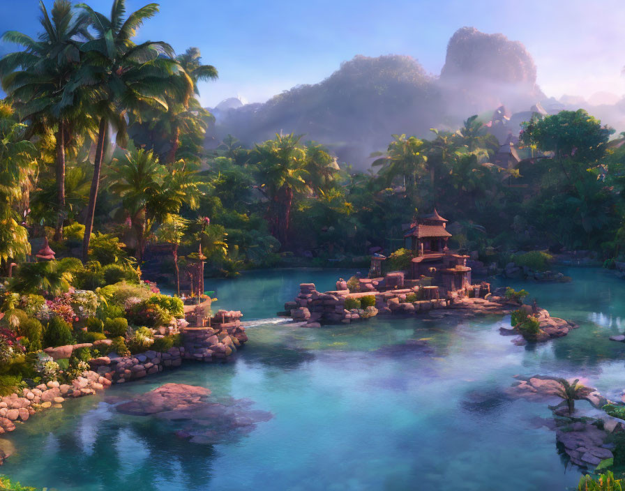 Tranquil Tropical Paradise with Pagoda and Misty Mountains