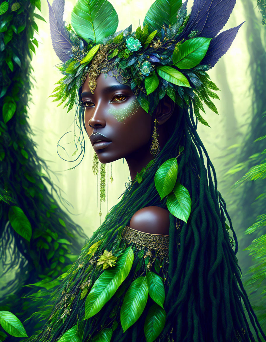 Dark-skinned woman in leaf garments and golden jewelry in forest