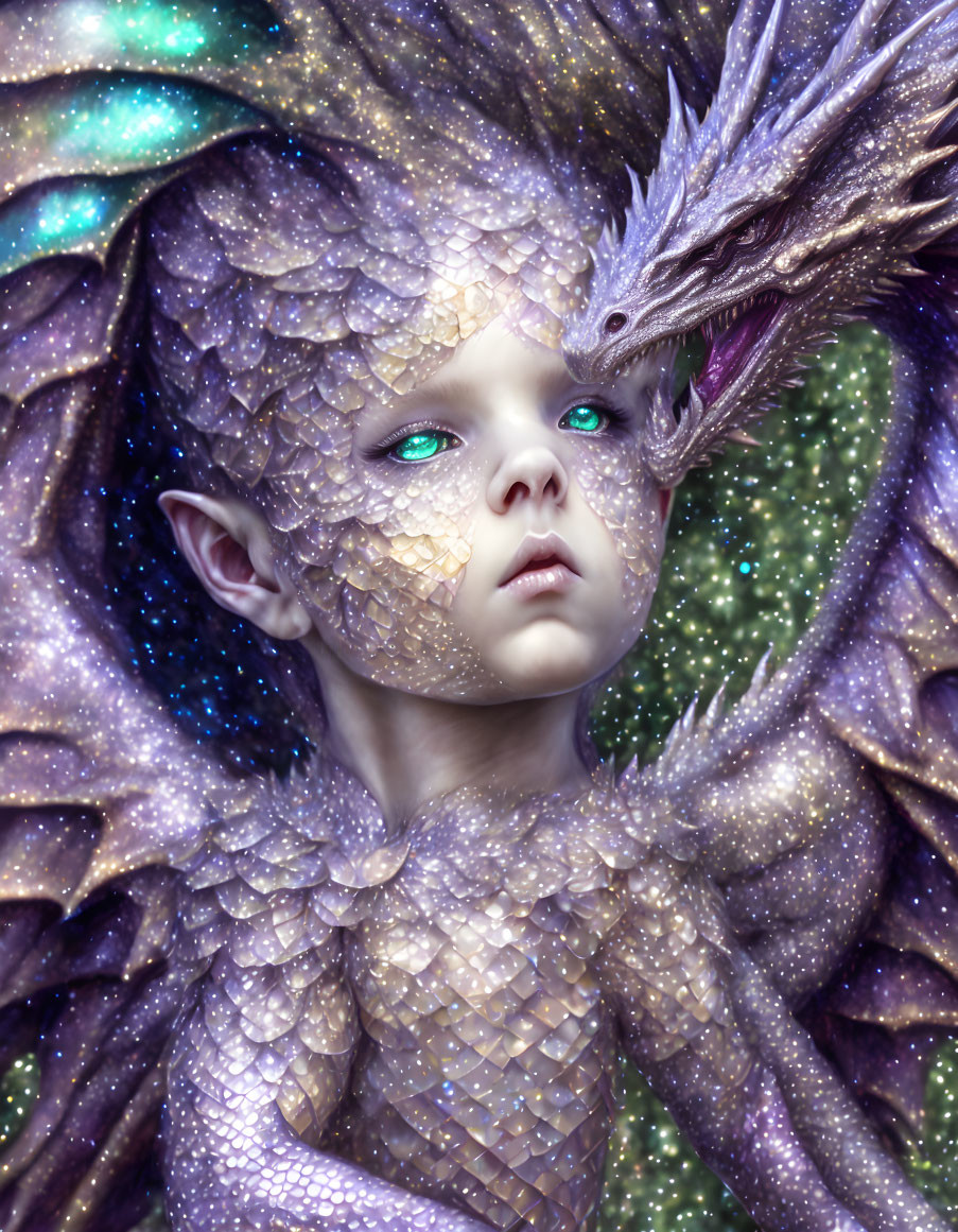 Child with dragon scales and small dragon on shoulder in fantasy setting