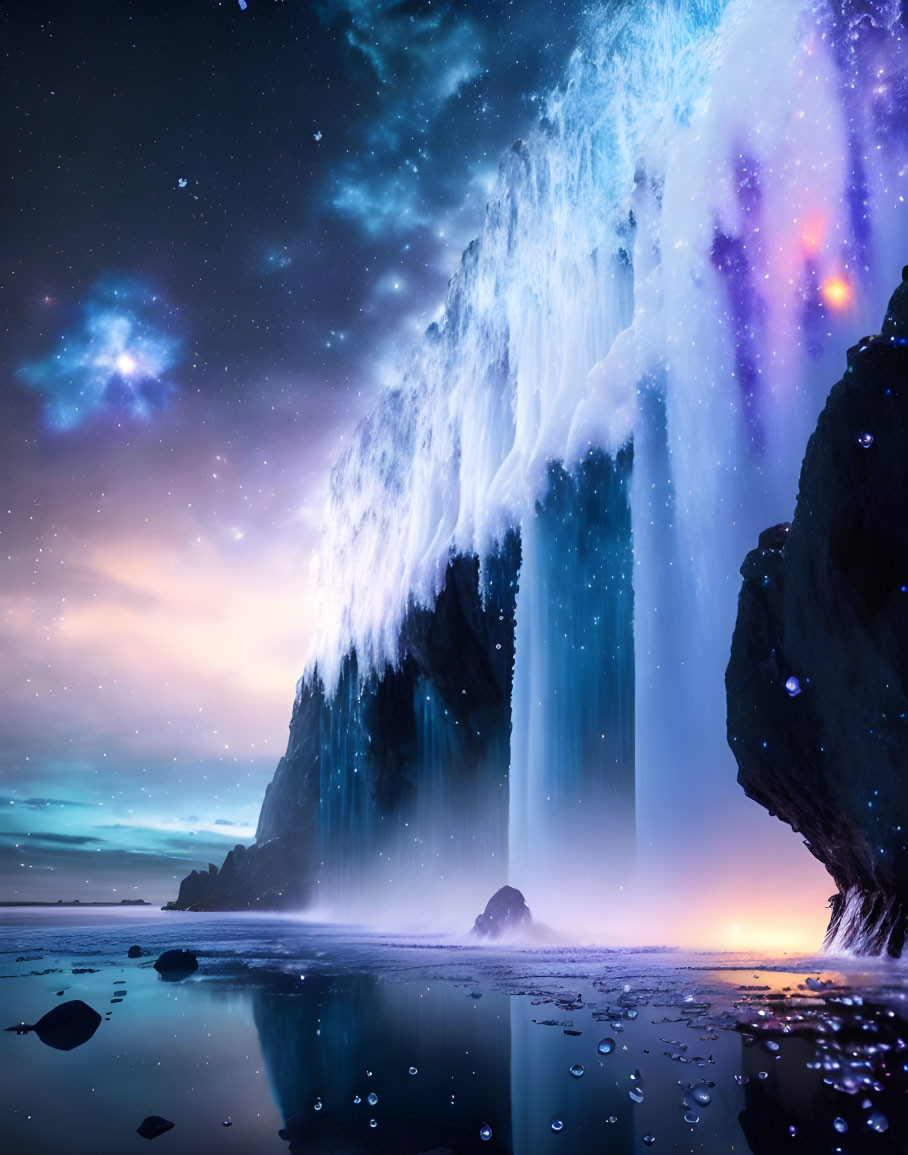 Starry night waterfall scene with cosmic lights and reflections