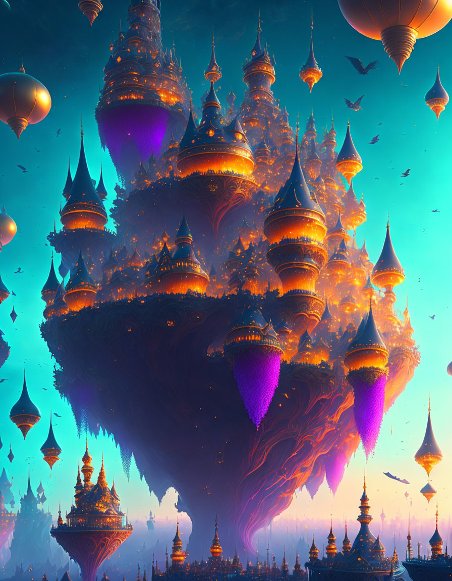 Fantastical floating city with golden spires, hot air balloons, and waterfalls