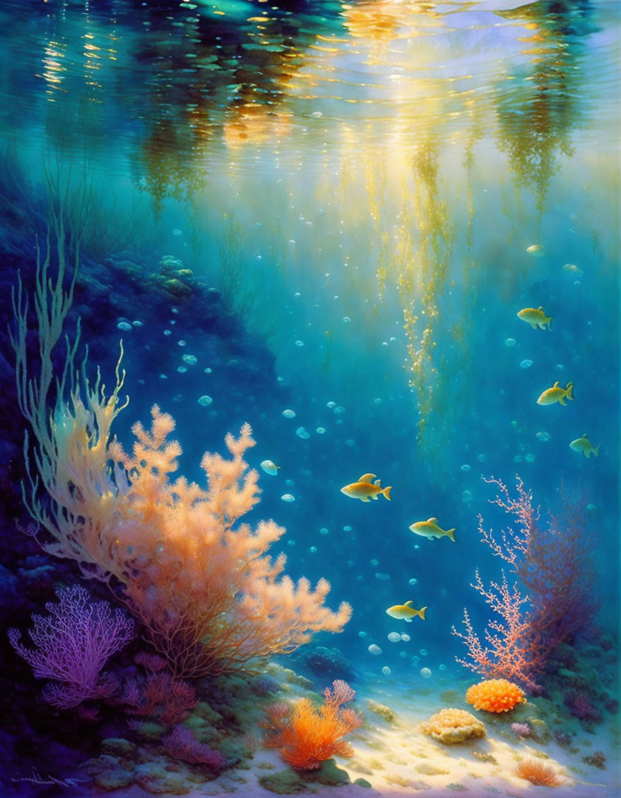 Colorful Coral Reef with Fish in Sunlit Water