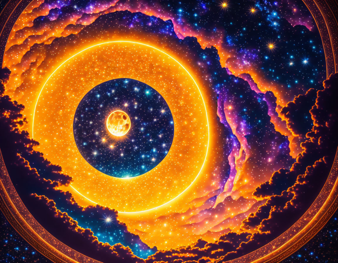 Celestial digital artwork with glowing orb in cosmic scene