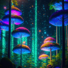 Enchanting forest with luminescent plants and starlit sky