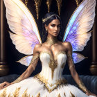 Regal woman with iridescent wings on throne in white and gold attire