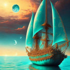 Fantastical ship with teal sails on calm waters at sunset