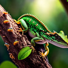 Colorful Green Lizard Resting on Jungle Tree Branch