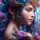 Woman adorned with gold jewelry surrounded by colorful fish and underwater elements.