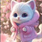 Blue-eyed kitten in purple collar among pink flowers in magical scene