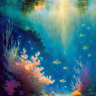 Colorful Coral Reef with Fish in Sunlit Water