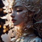 Ethereal figure with white wings and golden jewelry in warm lighting