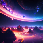 Vibrant surreal landscape with purple skies, celestial bodies, luminous rivers, and floating flora