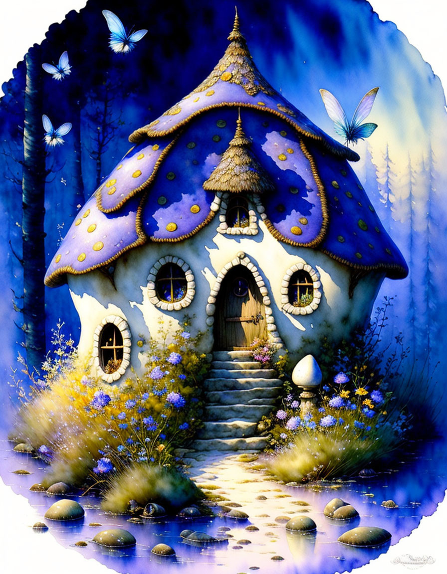 Illustration of Mushroom-Shaped House in Forest Setting