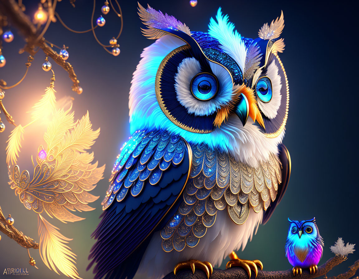 Colorful digital artwork featuring stylized owls on branch