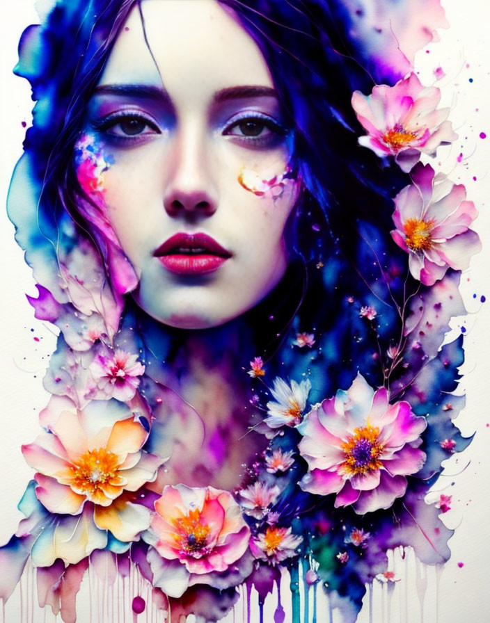 Vibrant floral and paint splatter portrait with surreal elements