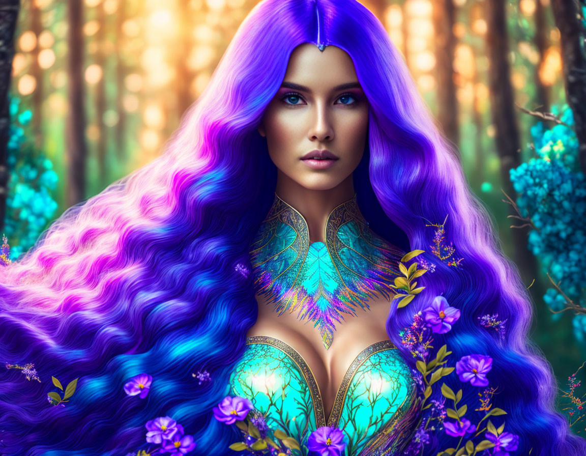 Colorful Woman with Purple Hair in Mystical Forest Setting