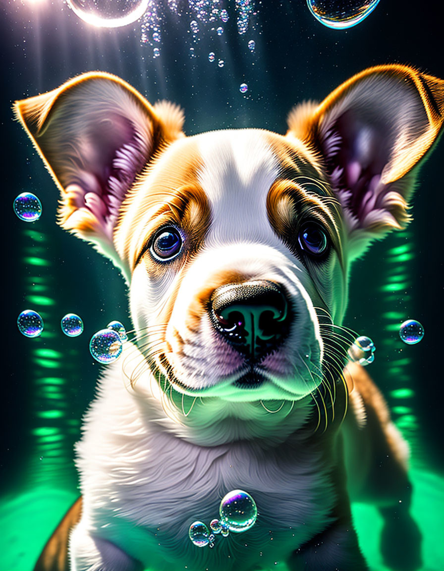 Digital artwork: Puppy in water with bubbles on dark background