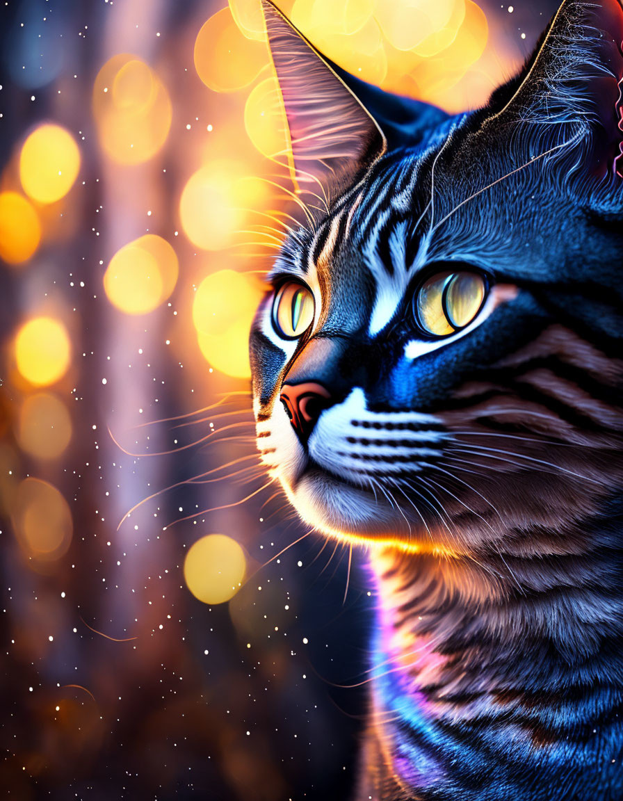 Tabby cat with yellow eyes in bokeh background