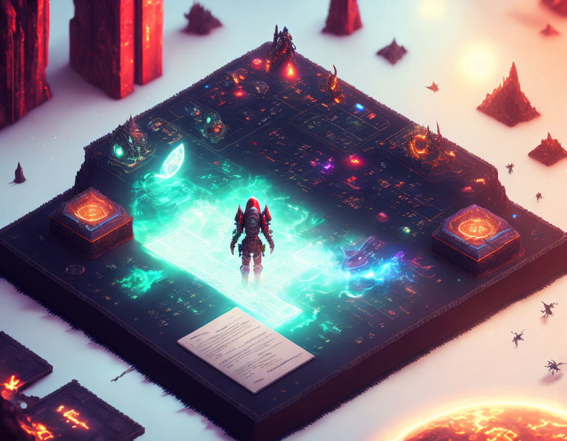 Warrior on Glowing Hex Grid Map Surrounded by Mystical Books, Floating Islands, and Fi