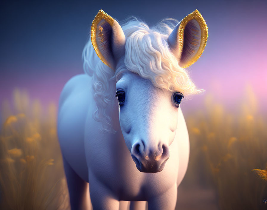 White Unicorn with Golden Horn in Twilight Field - 3D Illustration