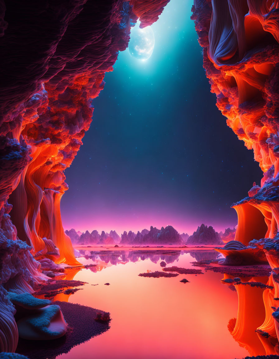 Fantasy landscape with starry sky, moon, pink lake, and orange rock formations