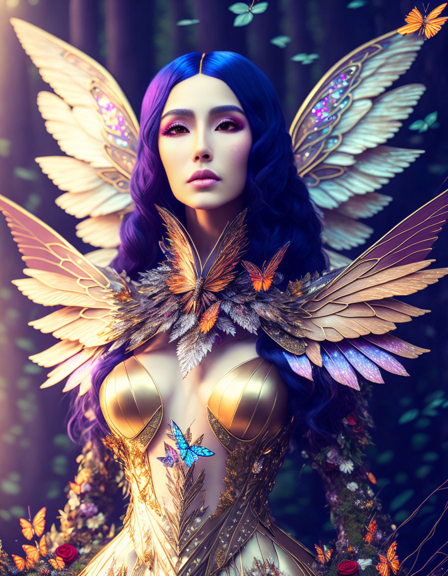 Digital artwork: Woman with purple hair, butterfly wings, golden armor, in enchanted forest