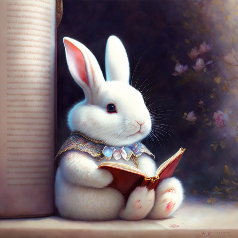 Whimsical white rabbit in decorative vest reading books