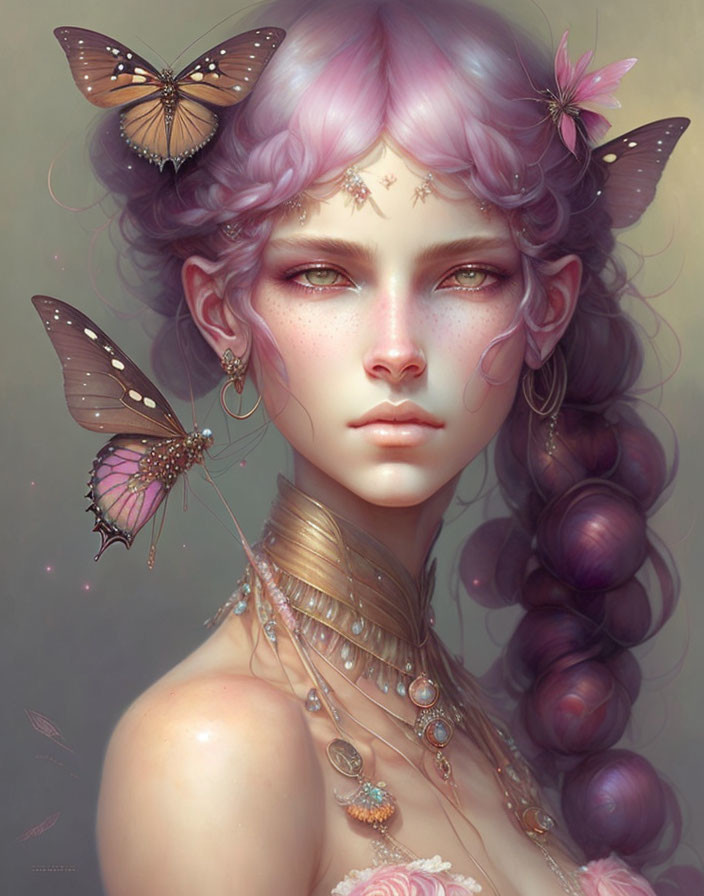 Woman with Pastel Pink and Purple Hair, Butterfly Accessories, Delicate Jewelry, and Whimsical