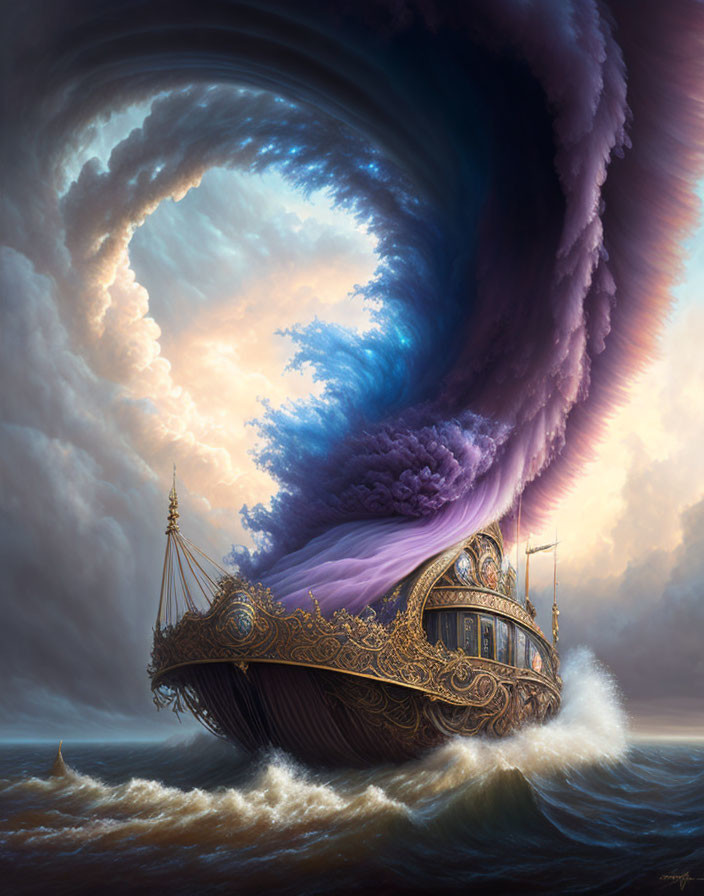 Fantasy ship sailing through swirling vortex in dramatic sky