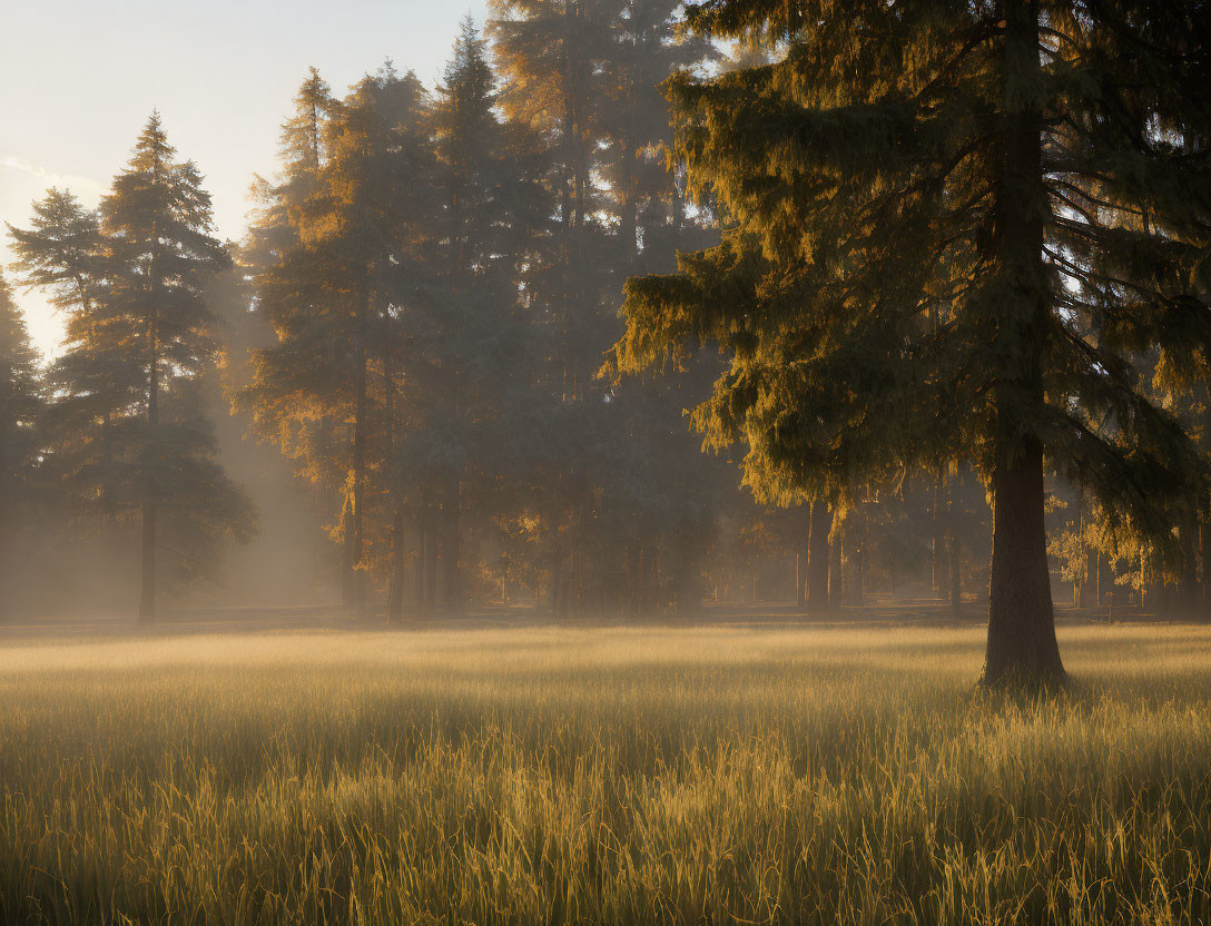 Misty forest with sunlight filtering over tranquil meadow