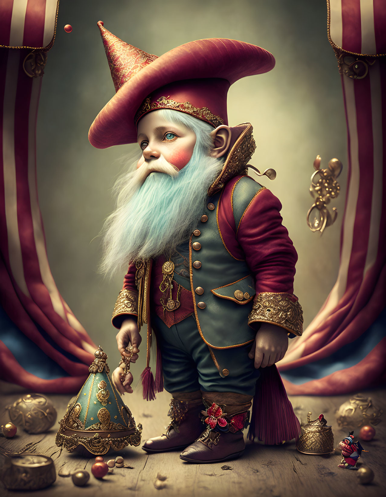 Colorful illustration of gnome with blue beard in red and green outfit among gold coins and lamp
