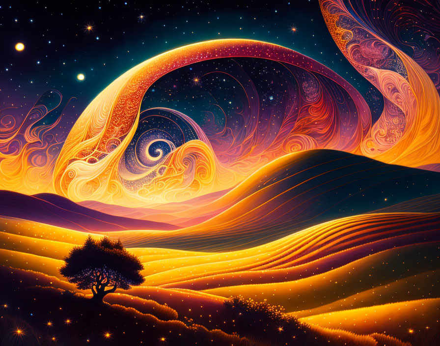 Surreal landscape with swirling star-filled skies over golden hills