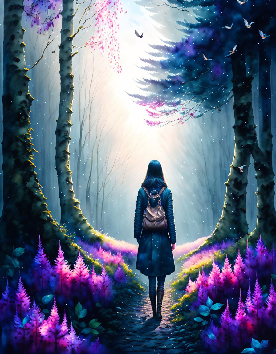 Person standing on forest path surrounded by purple flowers and archway of trees leading to misty background