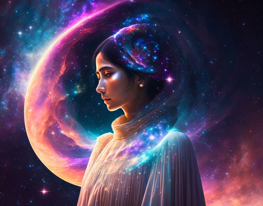 Digital artwork of woman with cosmic background and vibrant galaxy, moon-like celestial body.