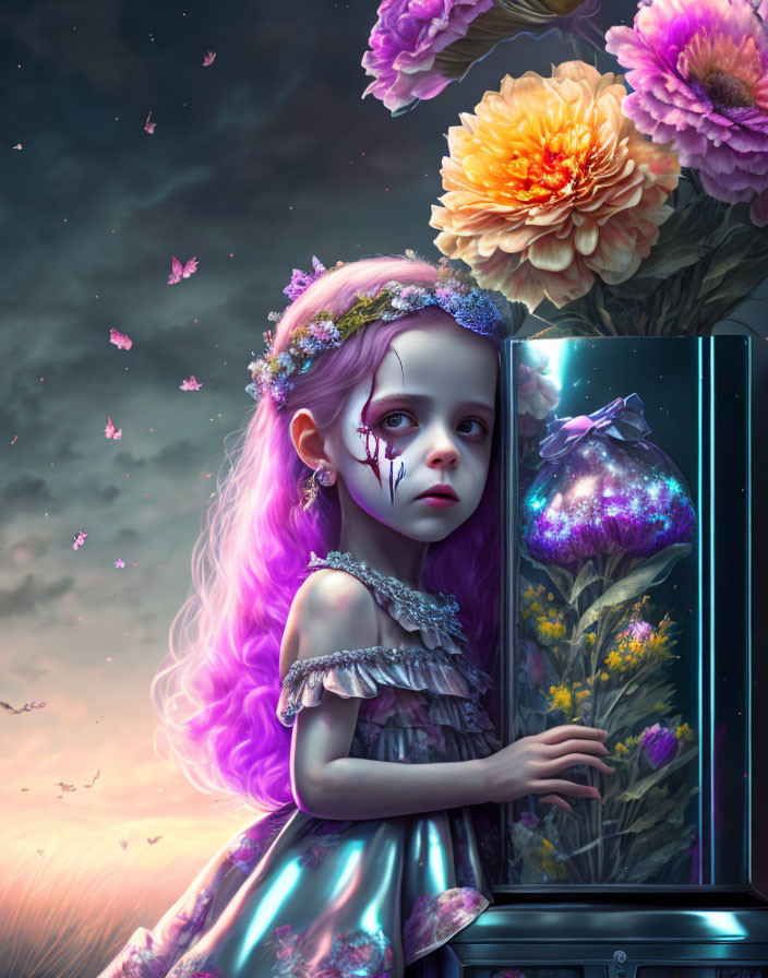 Girl with Floral Headpiece and Aquarium in Surreal Twilight Scene