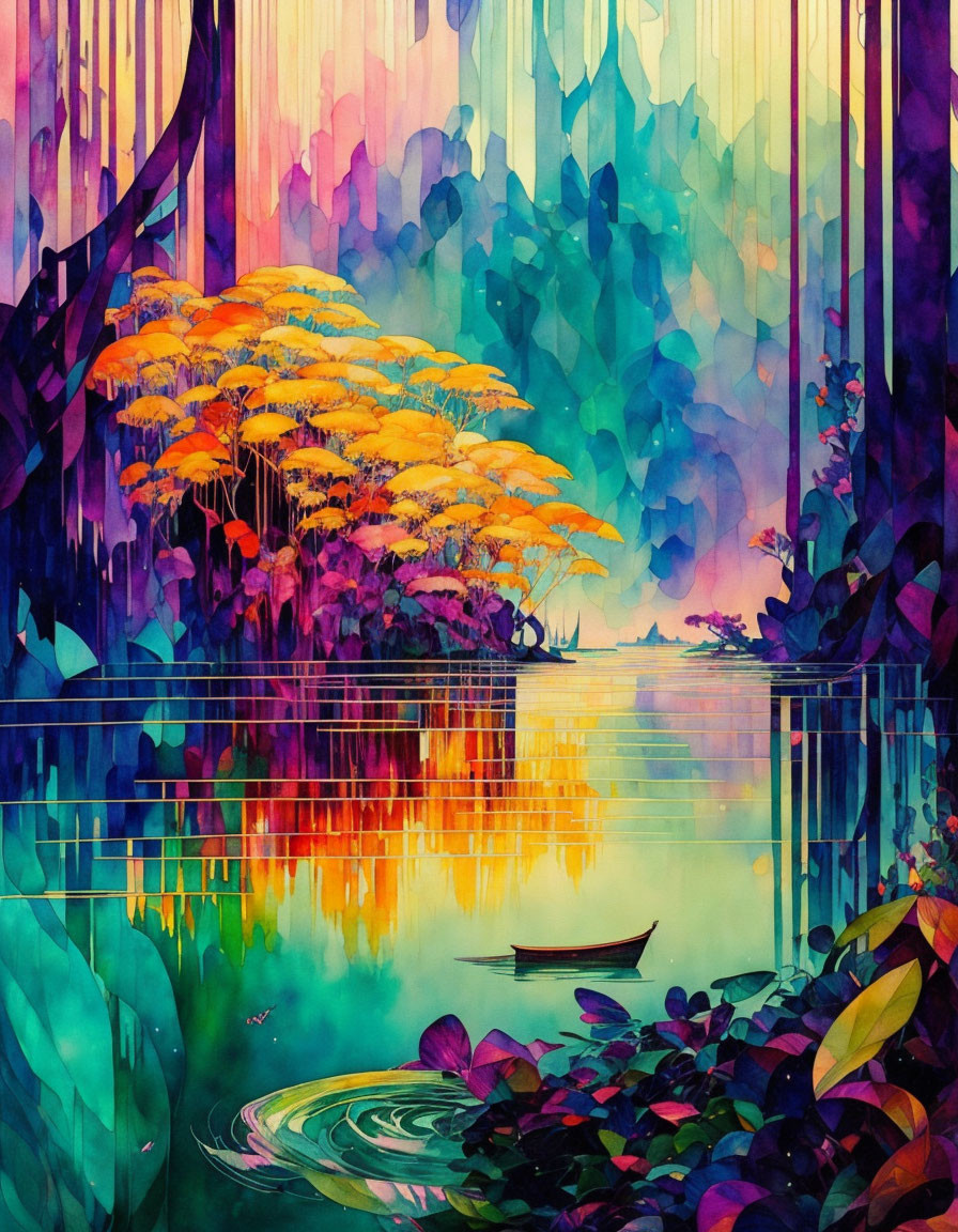 Colorful forest reflection with boat in surreal artwork