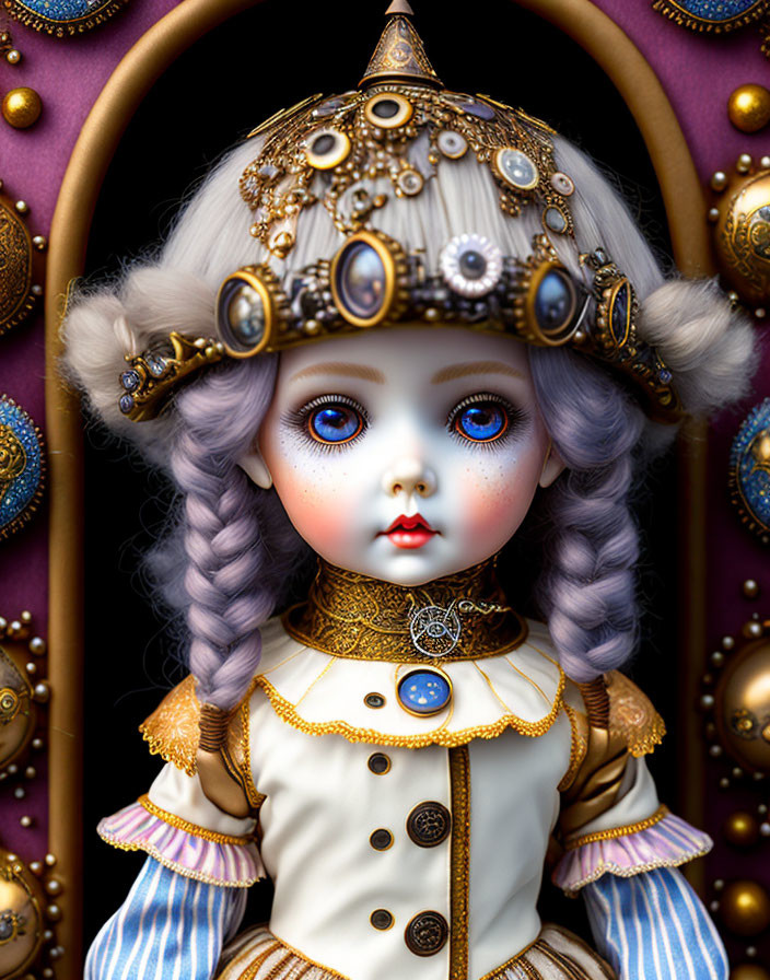 Blue-eyed doll in regal Victorian attire with lavender hair and gem-adorned ivory and gold costume