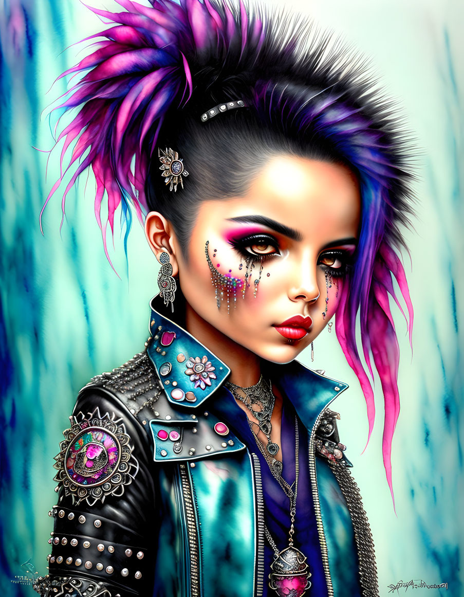 Vibrant punk aesthetic digital artwork with purple and pink mohawk on teal backdrop