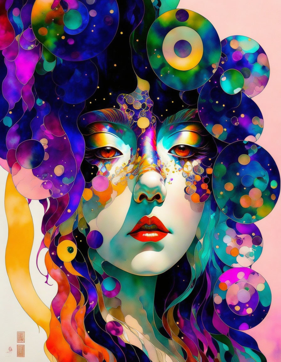 Colorful Stylized Woman's Face Artwork with Cosmic Decorations