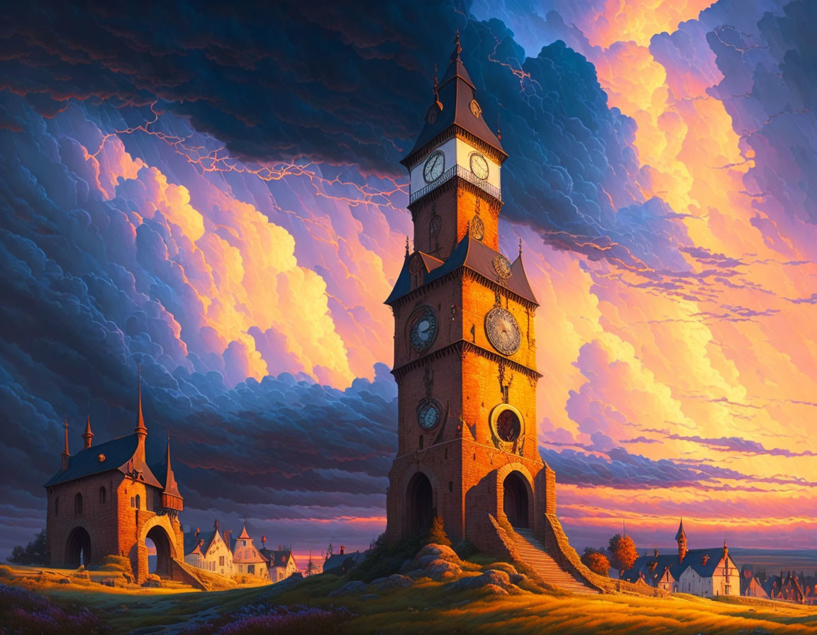 Towering clock tower in dramatic sunset sky over quaint village