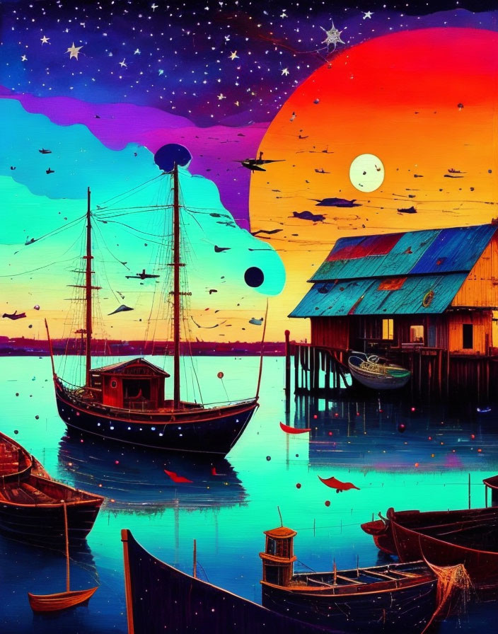 Colorful digital artwork: Sunset dock scene with sun, house on stilts, boats, starry