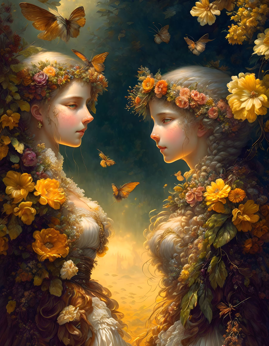 Ethereal figures in floral garments with butterflies on golden backdrop