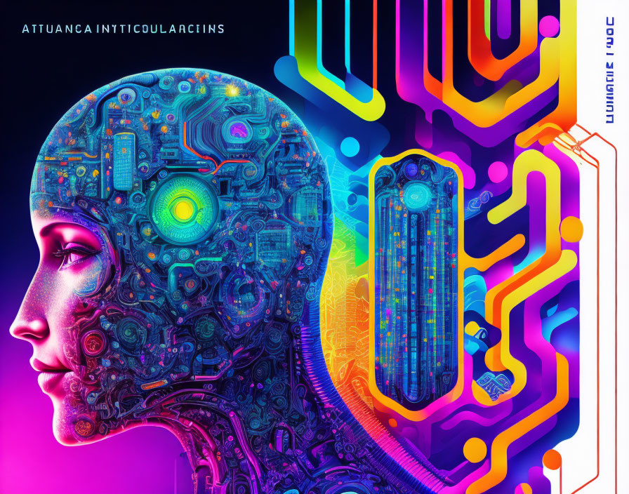 Vibrant human profile art with circuit board brain and neon lines