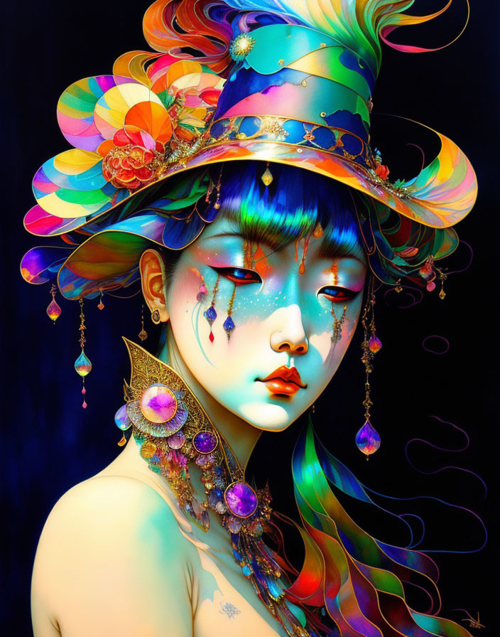 Colorful portrait of a woman with starry tear-streaked face and ornate accessories