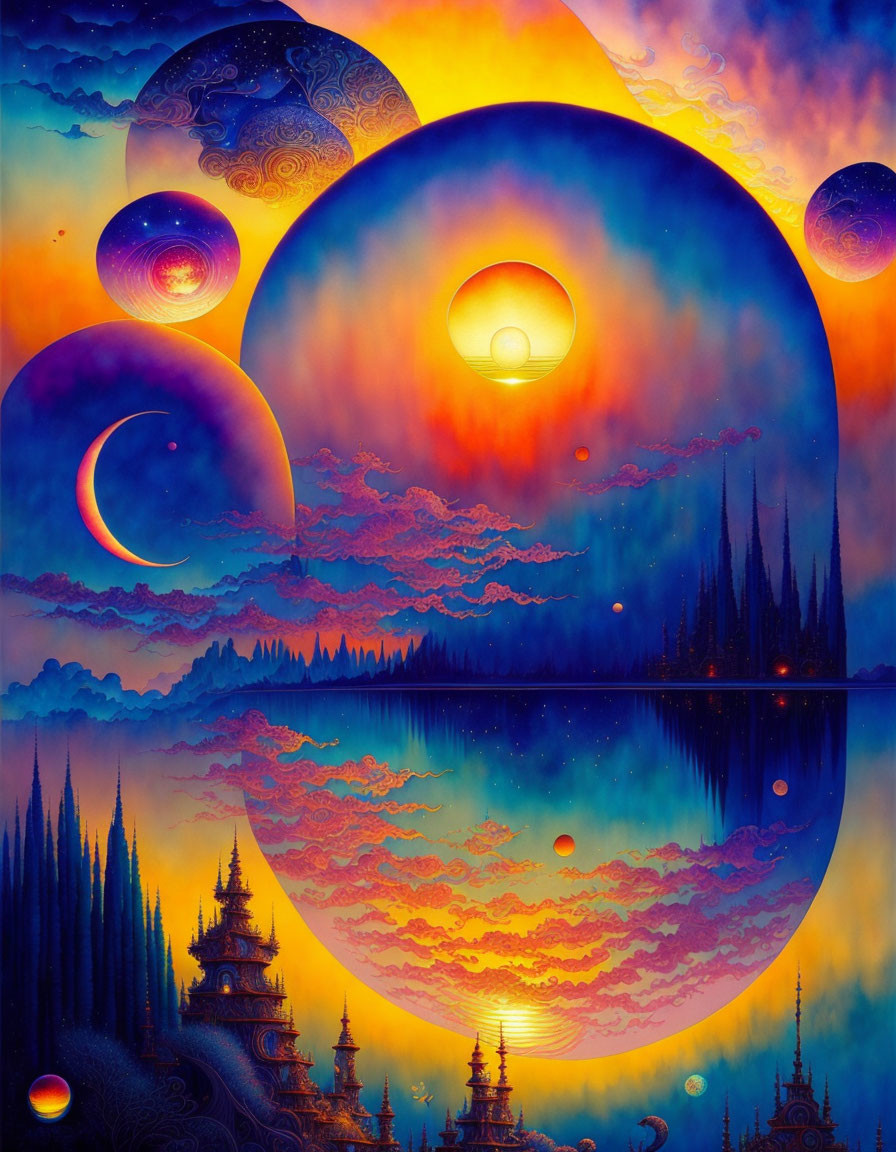 Surrealist landscape with celestial bodies and Eastern-inspired architecture